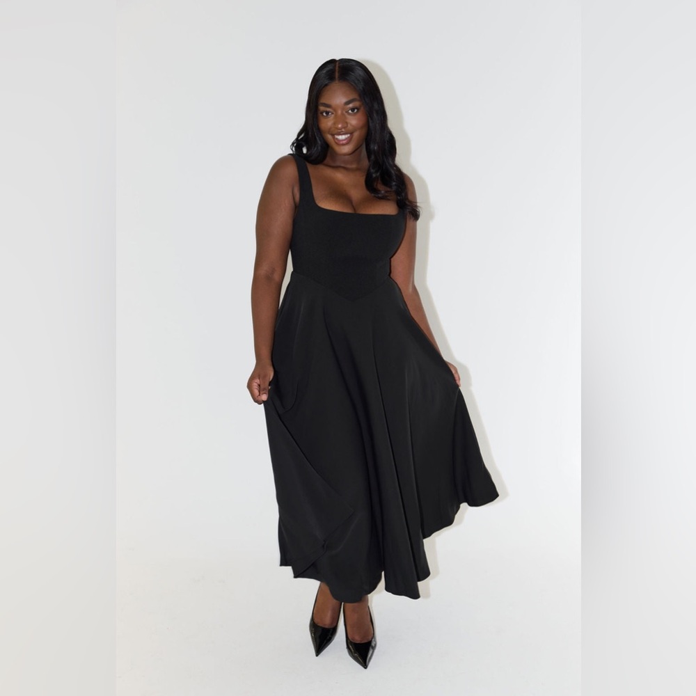 Classic Black Midi Dress - Elegant Square Neck